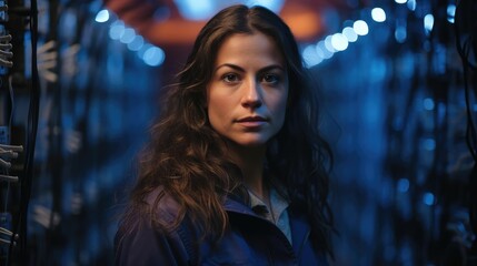 portrait of happy woman technician in Server room for online cybersecurity