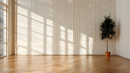 3d render of a living room with a large window, sun light and a wooden floor - obrazy, fototapety, plakaty