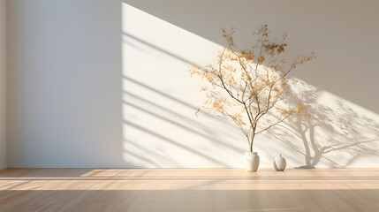 3d render of a living room with a large window, sun light and a wooden floor