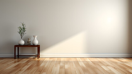 Fototapeta na wymiar 3d render of a living room with a large window, sun light and a wooden floor
