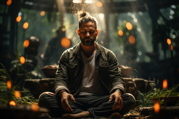 A person meditating in a serene environment, illustrating the growing interest in mental wellness and mindfulness. Generative Ai. - obrazy, fototapety, plakaty