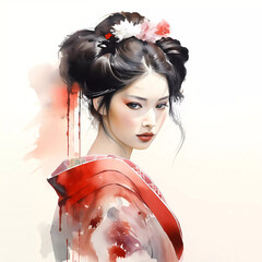 Beautiful illustration of a portrait of a geisha in a traditional kimono