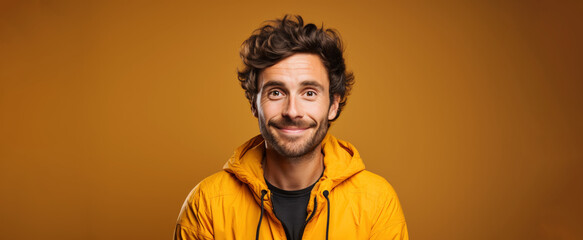 Express courier Portrait of Casually Dressed Man with a Subtle Smile on Pale Orange Studio Background - obrazy, fototapety, plakaty