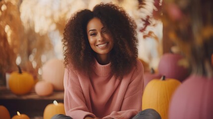 woman wearing pink sweatshirt sitting near fall decor