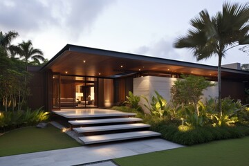 Simplicity in tropical house design showcased through an inviting exterior scene. Generative AI