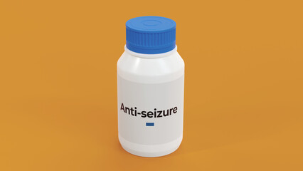 Generic anti-seizure drug bottle on yellow background. Anticonvulsant for epilepsy treatment....
