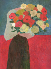 woman with flowers. oil painting. illustration - 655152912