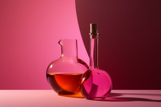 An abstract composition with a bottle and glass containing pink liquid. Generative AI