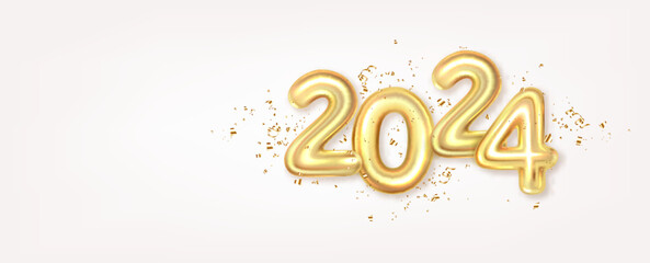 Happy New Year 2024. Golden realistic metallic numbers with ribbon and confetti.	
