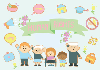 A group of people raised their hands to demonstrate human rights-cartoon style-doodle art.