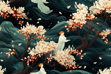 A heavenly realm with angels in a repetitive pattern, pattern with angels, seamless pattern texture