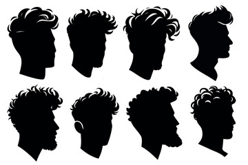 Men's hairstyle for young people, fashionable design with curls, silhouette on a transparent background for stencil, vector set