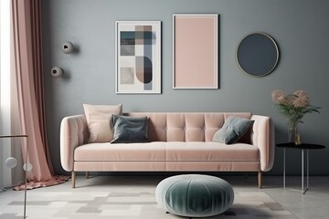 Pastel sofa and mock up posters in a cozy living room setting, portrayed through a 3D render and illustration. Generative AI