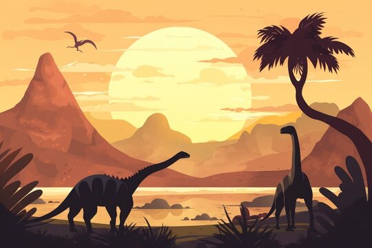 Fototapeta Daytime dinosaur landscape with brachiosaurus and stegosaurus. Generative AI