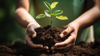 Children's hands holding a small green plant in the soil - obrazy, fototapety, plakaty