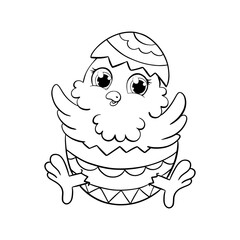 Cute chick in an easter egg. Coloring book page for kids. Cartoon style character. Vector illustration isolated on white background.