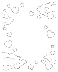 Background with hearts and clouds. Coloring book page for kids. Valentine's Day. Cartoon style. Vector illustration.