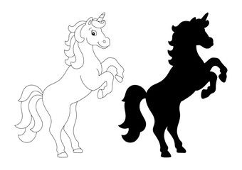 Black silhouette unicorn. Design element. Vector illustration isolated on white background. Template for books, stickers, posters, cards, clothes.