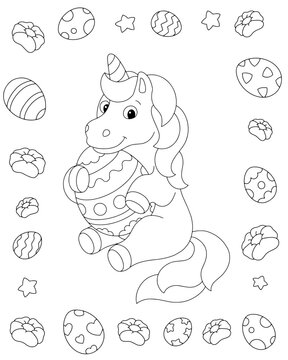 Unicorn and Easter egg. Coloring book page for kids. Cartoon style character. Vector illustration isolated on white background.