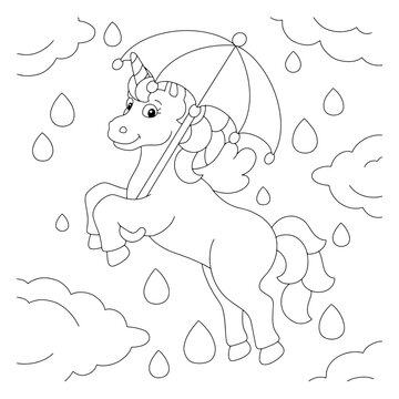A unicorn walks in the sky in the rain with an umbrella. Coloring book page for kids. Cartoon style character. Vector illustration isolated on white background.