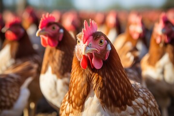 Brown hens posing, Laying hens farm