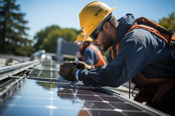 dynamic photo capturing solar panel technicians at work, installing and connecting panels, showcasing the process of transitioning to clean energy