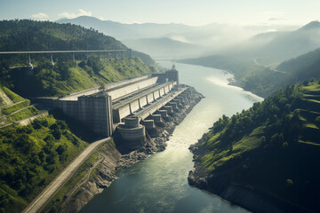 Obraz na płótnie Canvas photo showcasing a dam as a vital component of a green energy infrastructure network, connecting renewable sources to power homes and industries