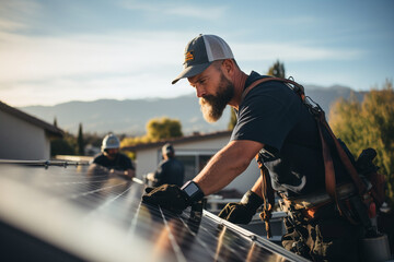 team of technicians installing solar panels on a residential rooftop, showcasing the human element in transitioning to solar energy - obrazy, fototapety, plakaty