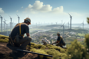 workers inspecting and maintaining wind turbines in a wind farm, highlighting the employment opportunities created by the green energy sector