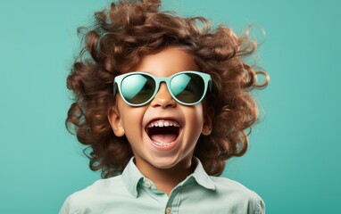 Portrait of kid in solid color clothing, wearing hat and opening mouth, laughing and excited