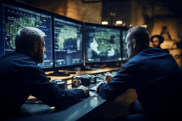 photo of engineers monitoring the control room of a hydroelectric plant, emphasizing the expertise required to manage clean energy production - obrazy, fototapety, plakaty
