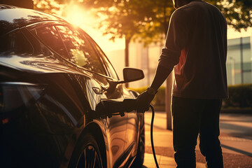 photo of a person plugging in an electric car at a charging station, illustrating the integration of clean transportation with green energy - obrazy, fototapety, plakaty