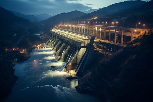 captivating photo of a hydroelectric dam at dusk, with its turbines illuminated, signifying the continuation of clean energy production even after sunset