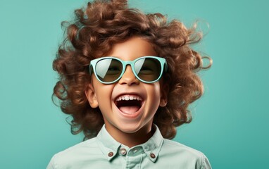 Portrait of kid in solid color clothing, opening mouth, laughing and excited