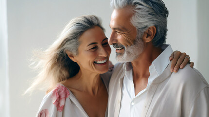 Beautiful gorgeous 50s mid age elderly senior model couple with grey hair laughing and smiling. Mature old man and woman close up portrait. Healthy face skin care beauty, skincare cosmetics, dental - obrazy, fototapety, plakaty