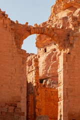 Petra is ancient capital of Nabataean kingdom carved into rocks in Jordan. Rock monasteries in ancient religious center.