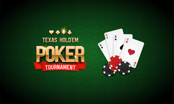 Poker tournament banner. Casino logo with playing cards and chips. Vector illustration.