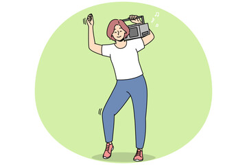 Overjoyed young woman with stereo on shoulder dancing and having fun. Smiling girl enjoy music on boombox device. Vector illustration.