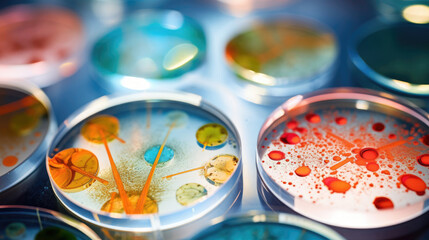 laboratory petri dishes with liquid