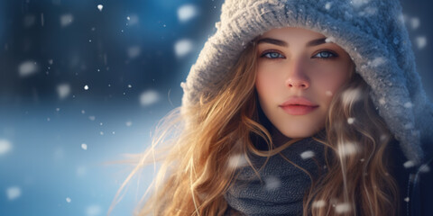 Young woman in warm clothes outside in the snow - obrazy, fototapety, plakaty