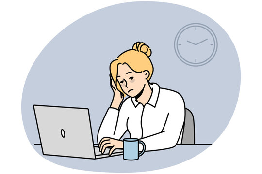 Exhausted female employee sit at office desk work on computer feel sleepy and overwhelmed. Tied woman worker feeling burnout at workplace. Fatigue. Vector illustration.