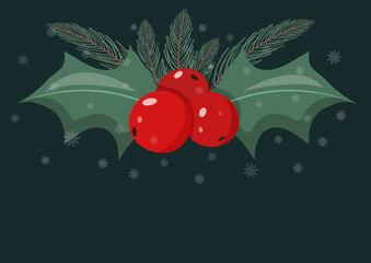 Christmas illustration with berries and fir branches, with small snowflakes on a dark blue background. Vector illustration for banner design and for the design of social networks, with space for text.