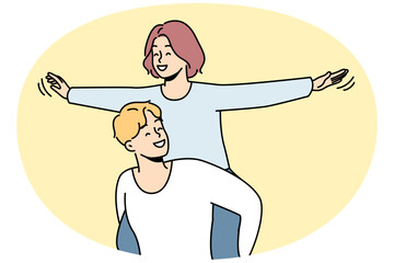 Happy young woman piggyback smiling man have fun together. Loving guy carrying on shoulders excited girl. Love and relationships. Vector illustration.