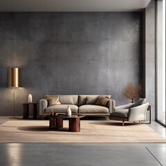 Terra cotta velvet sofa and wooden coffee table near blocks paneling wall. Loft style home interior design of modern living room.  Generative AI	
