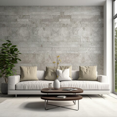 Terra cotta velvet sofa and wooden coffee table near blocks paneling wall. Loft style home interior design of modern living room.  Generative AI	
