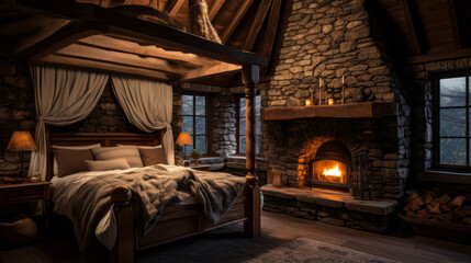 A cozy cabin bedroom with log walls, a stone fireplace, and a rustic wooden canopy bed