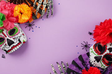 Join the festive spirit of Dia de los Muertos. Top view shot of traditional masks, vibrant paper fans, flowers, skeleton hands, spooky decor on soft purple background with ad panel