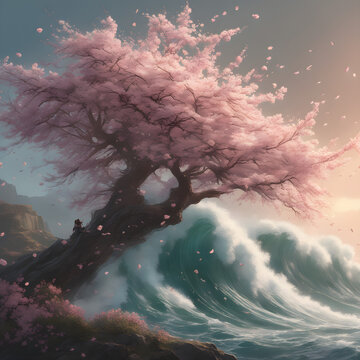 Cherry Blossoms and Waves: A Symbolic Illustration of Spring and Life