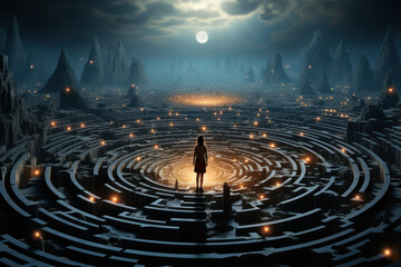 A labyrinthine maze with a person navigating its twists and turns. Concept of the human journey and...