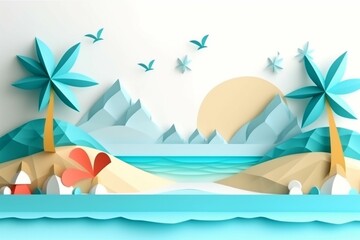 Fototapeta na wymiar 3D origami summer landscape with beach. Paper cut art isolated on white background for ads, flyers, posters, and more. Generative AI